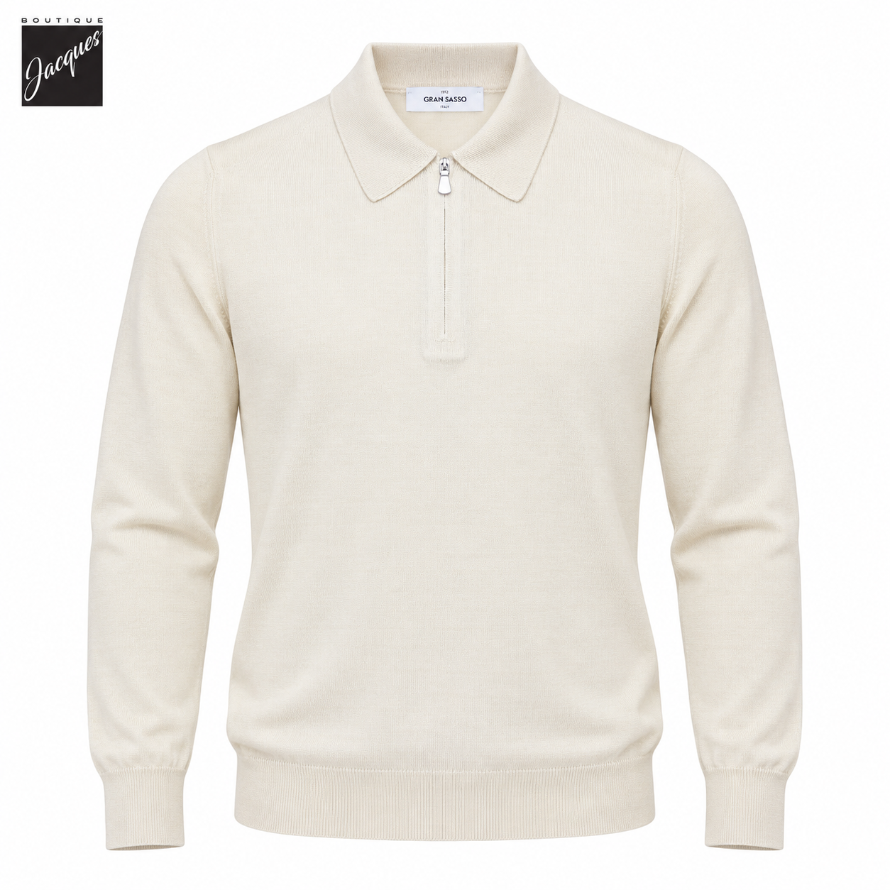 Off-White Ultrafine Wool-Silk Knitted Long Sleeve Zip Polo Shirt - GRAN SASSO