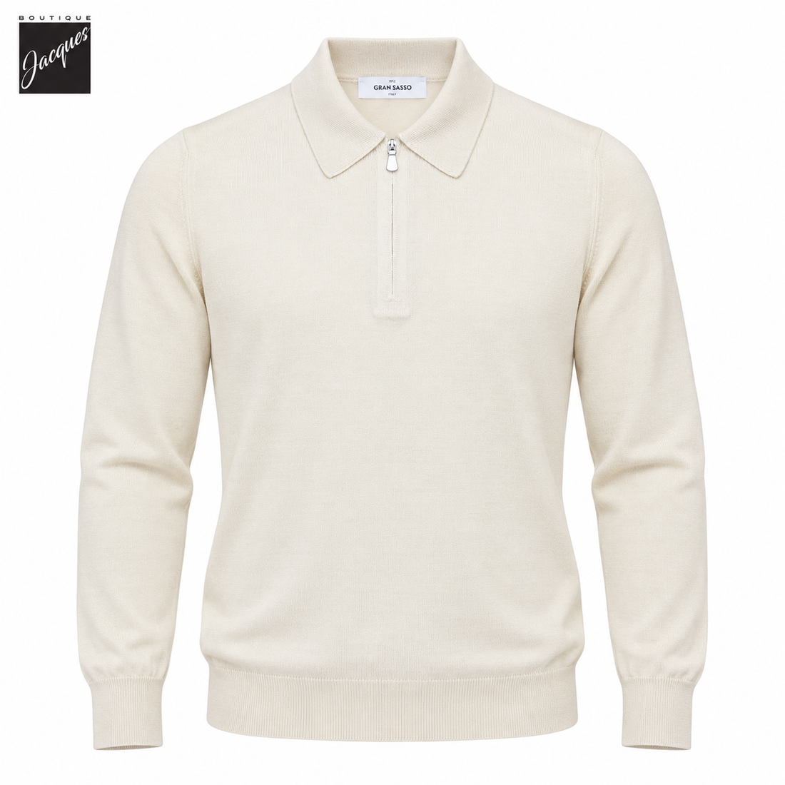 Off-White Ultrafine Wool-Silk Knitted Long Sleeve Zip Polo Shirt - GRAN SASSO