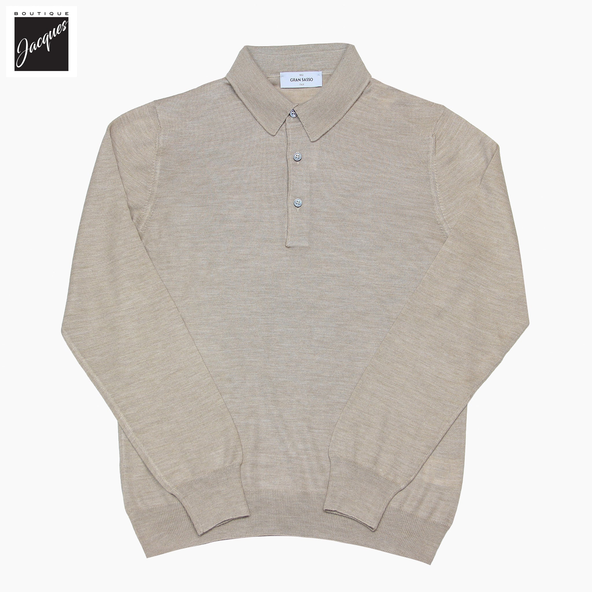 Beige Ultrafine Wool-Silk Knitted Long Sleeve Polo Shirt - GRAN SASSO