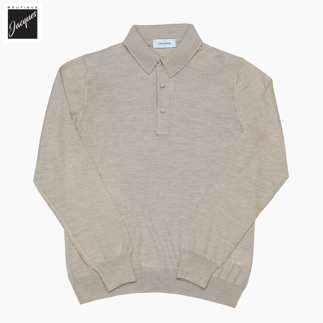 Beige Ultrafine Wool-Silk Knitted Long Sleeve Polo Shirt - GRAN SASSO