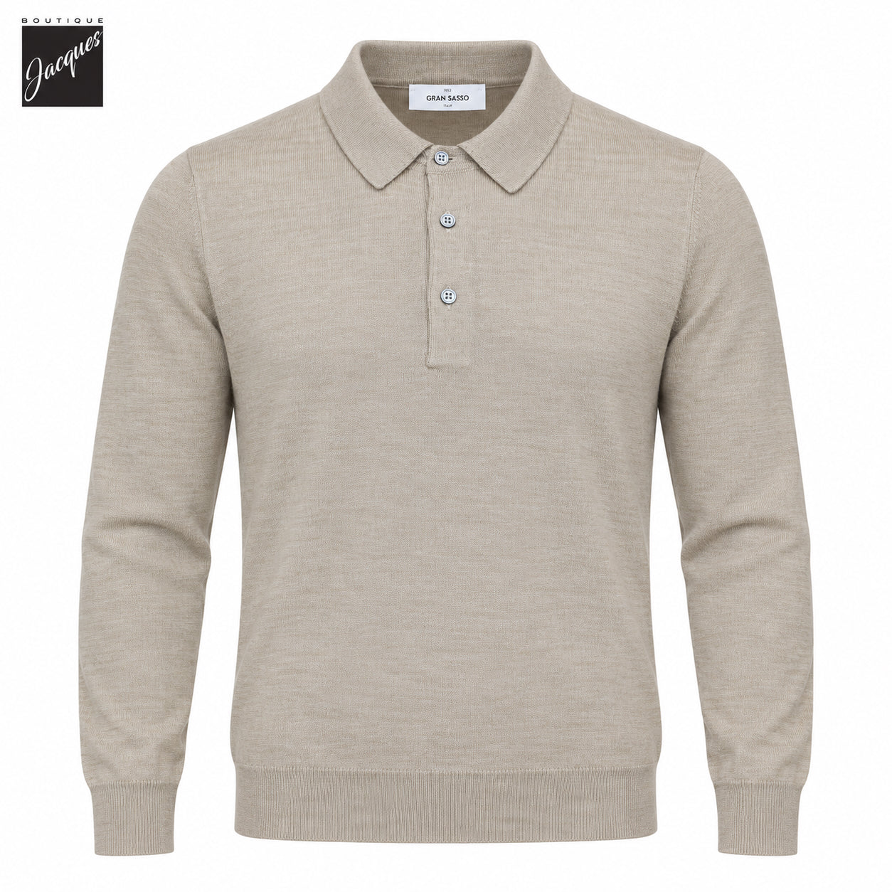 Beige Ultrafine Wool-Silk Knitted Long Sleeve Polo Shirt - GRAN SASSO