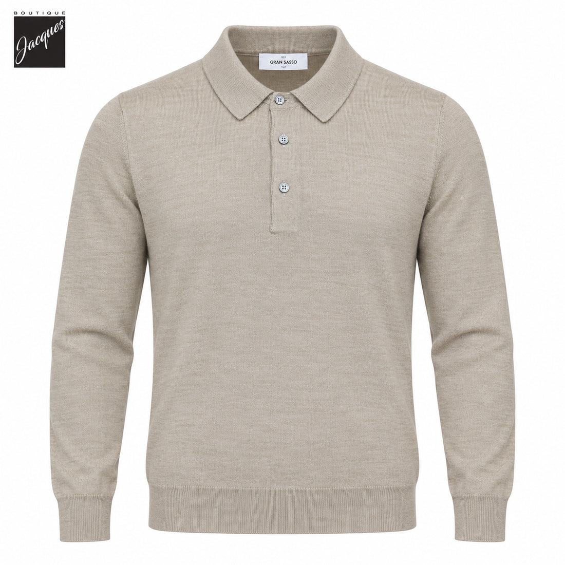 Beige Ultrafine Wool-Silk Knitted Long Sleeve Polo Shirt - GRAN SASSO