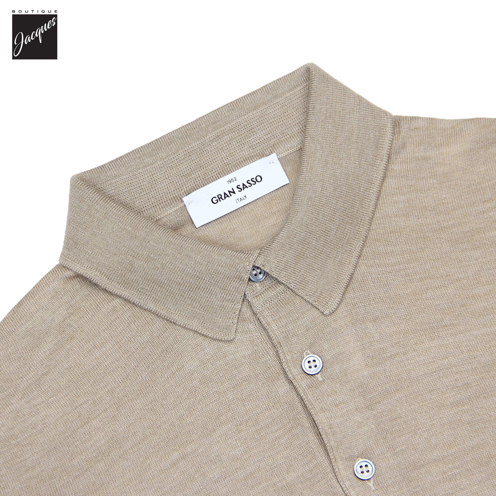 Beige Ultrafine Wool-Silk Knitted Long Sleeve Polo Shirt - GRAN SASSO