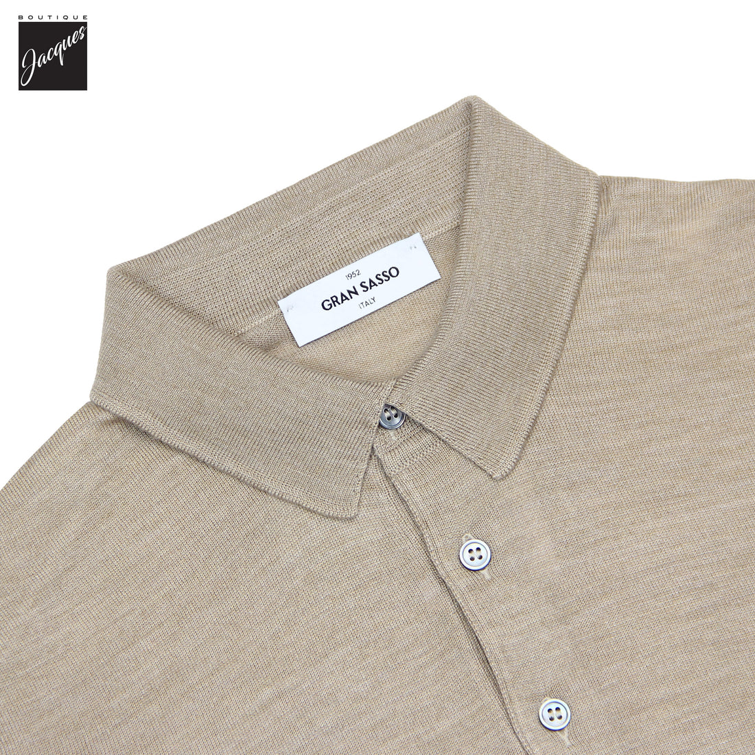 Beige Ultrafine Wool-Silk Knitted Long Sleeve Polo Shirt - GRAN SASSO