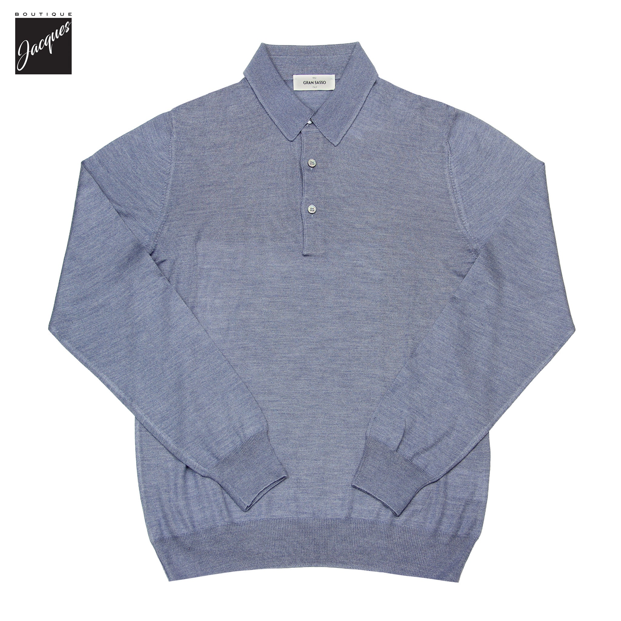 Dusky Blue Ultrafine Wool-Silk Knitted Long Sleeve Polo Shirt - GRAN SASSO