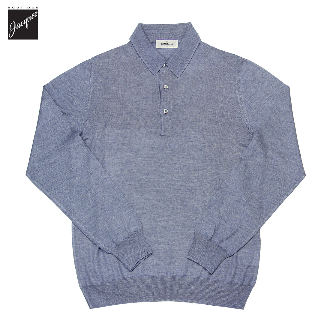 Dusky Blue Ultrafine Wool-Silk Knitted Long Sleeve Polo Shirt - GRAN SASSO