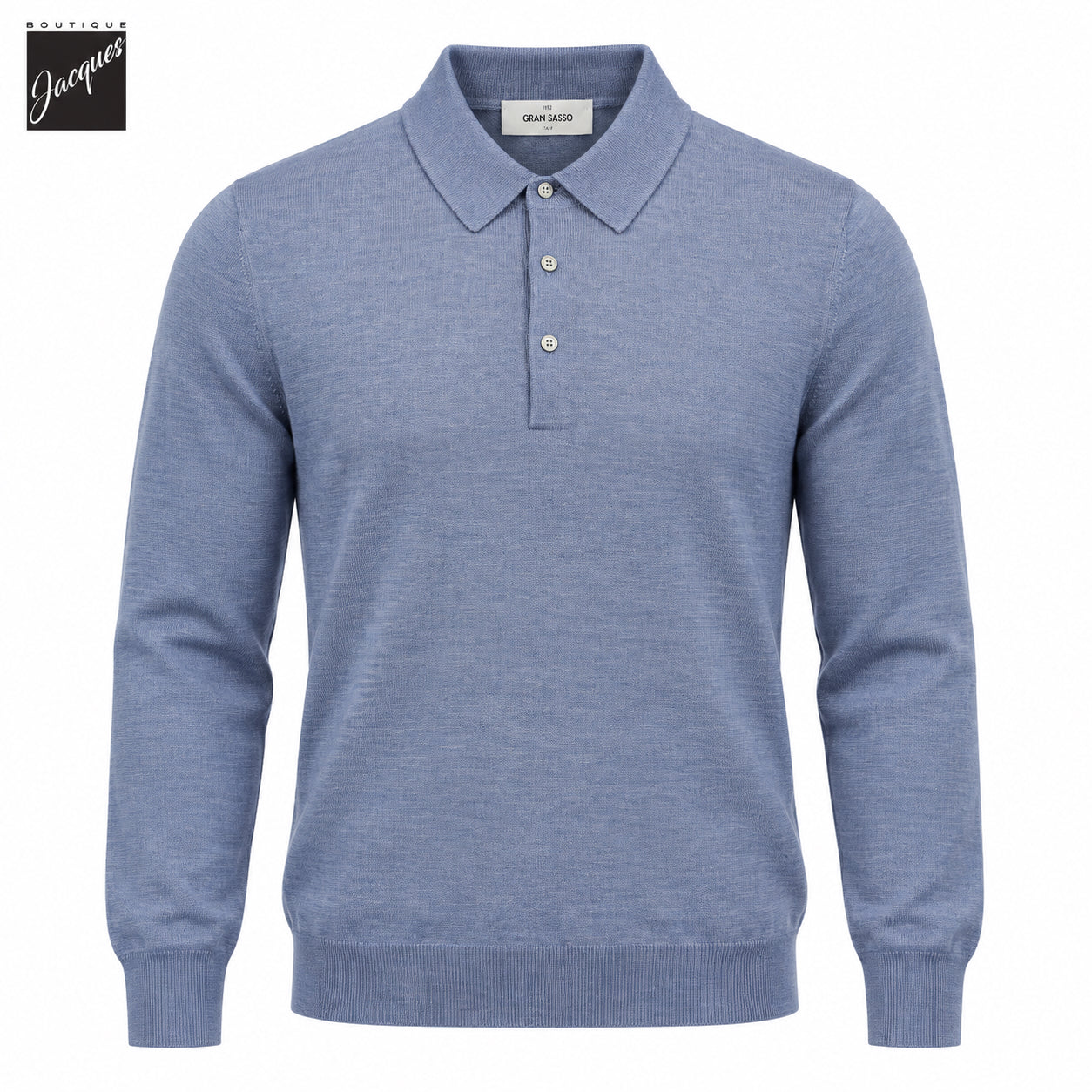 Dusky Blue Ultrafine Wool-Silk Knitted Long Sleeve Polo Shirt - GRAN SASSO
