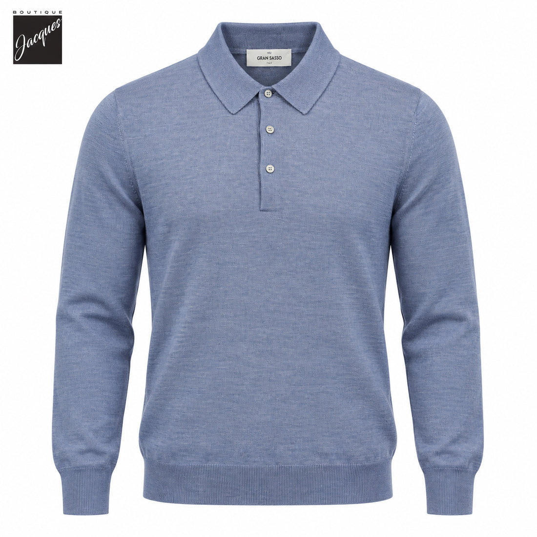Dusky Blue Ultrafine Wool-Silk Knitted Long Sleeve Polo Shirt - GRAN SASSO