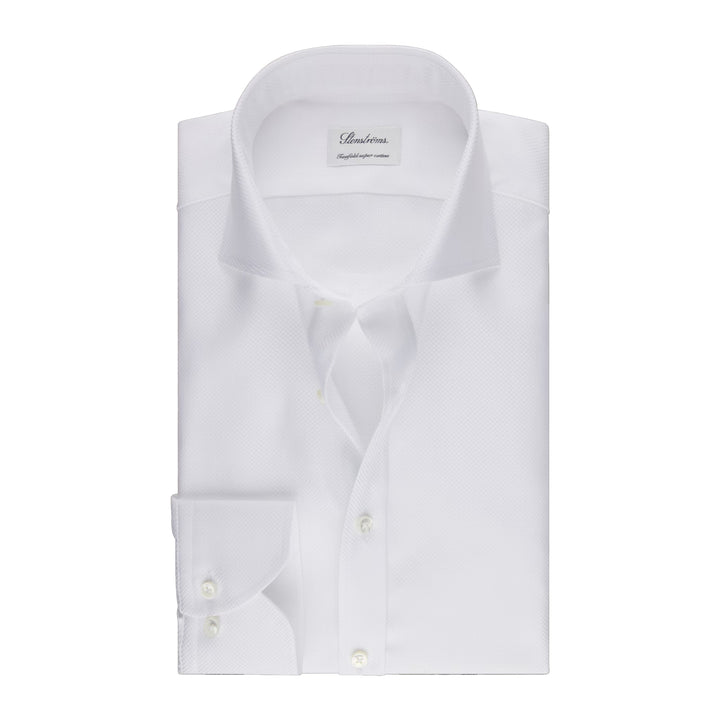 White Textured Twill Fitted Body Dress Shirt - Stenströms