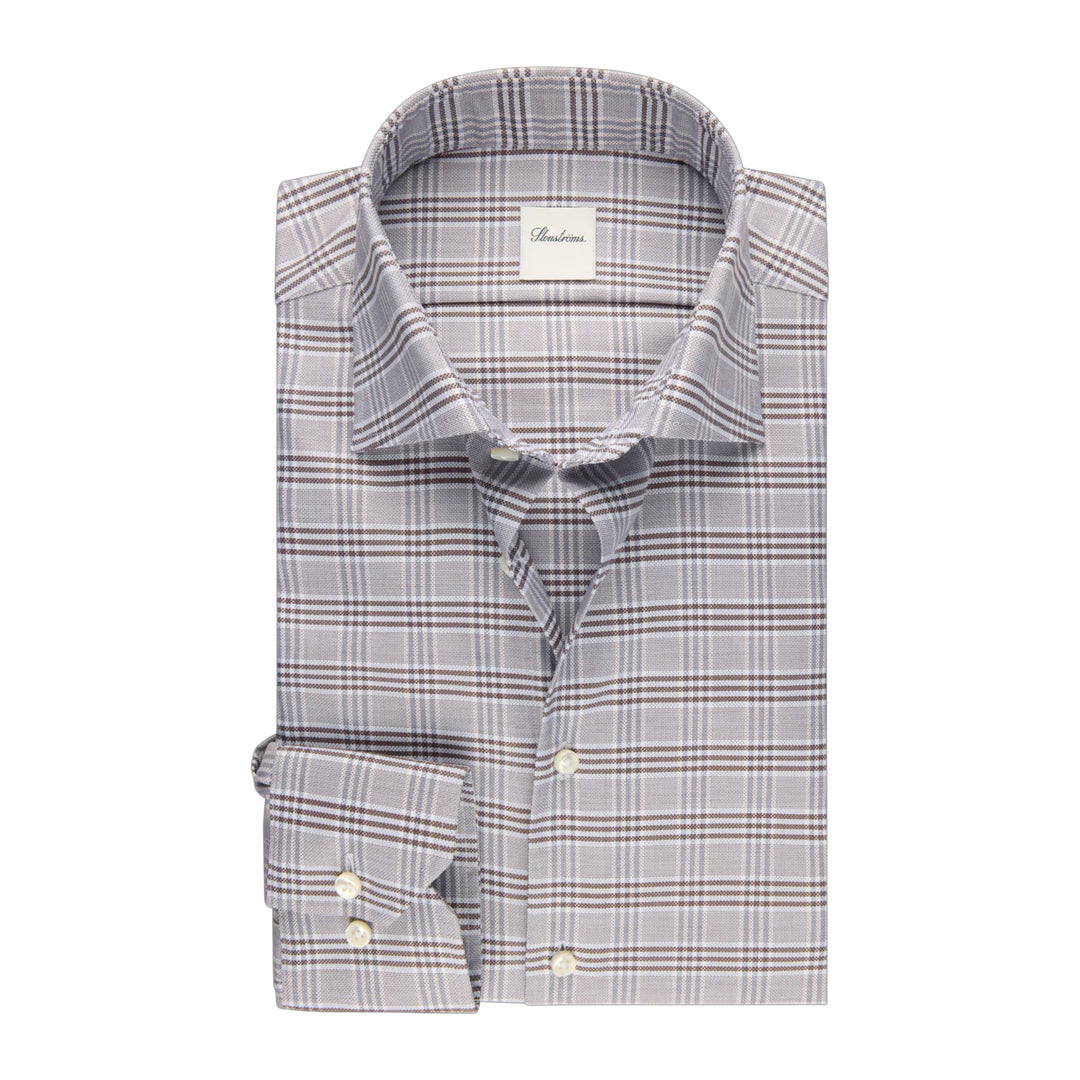 Light Brown Checked Twill Regular Fit Shirt - Stenströms