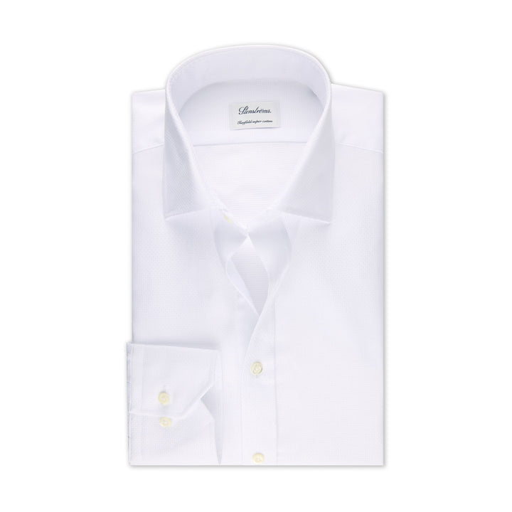 White Textured Twill Fitted Body Dress Shirt - Stenströms