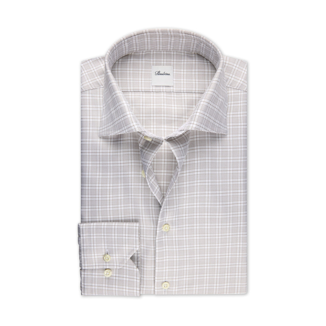 Beige Checked Twill Regular Fit Shirt - Stenströms