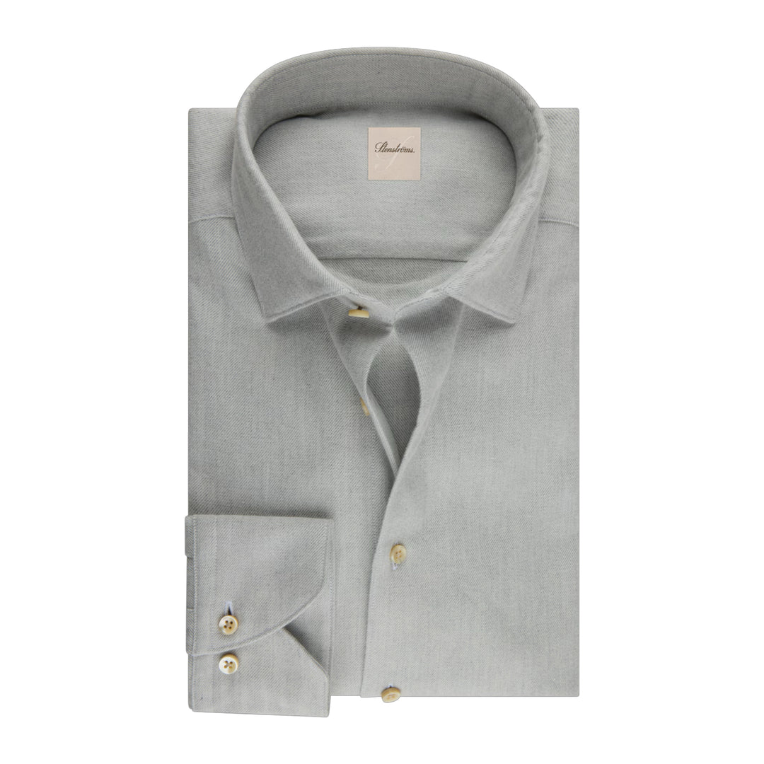 Light Gray Solid Cotton Flannel Regular Fit Shirt - Stenströms