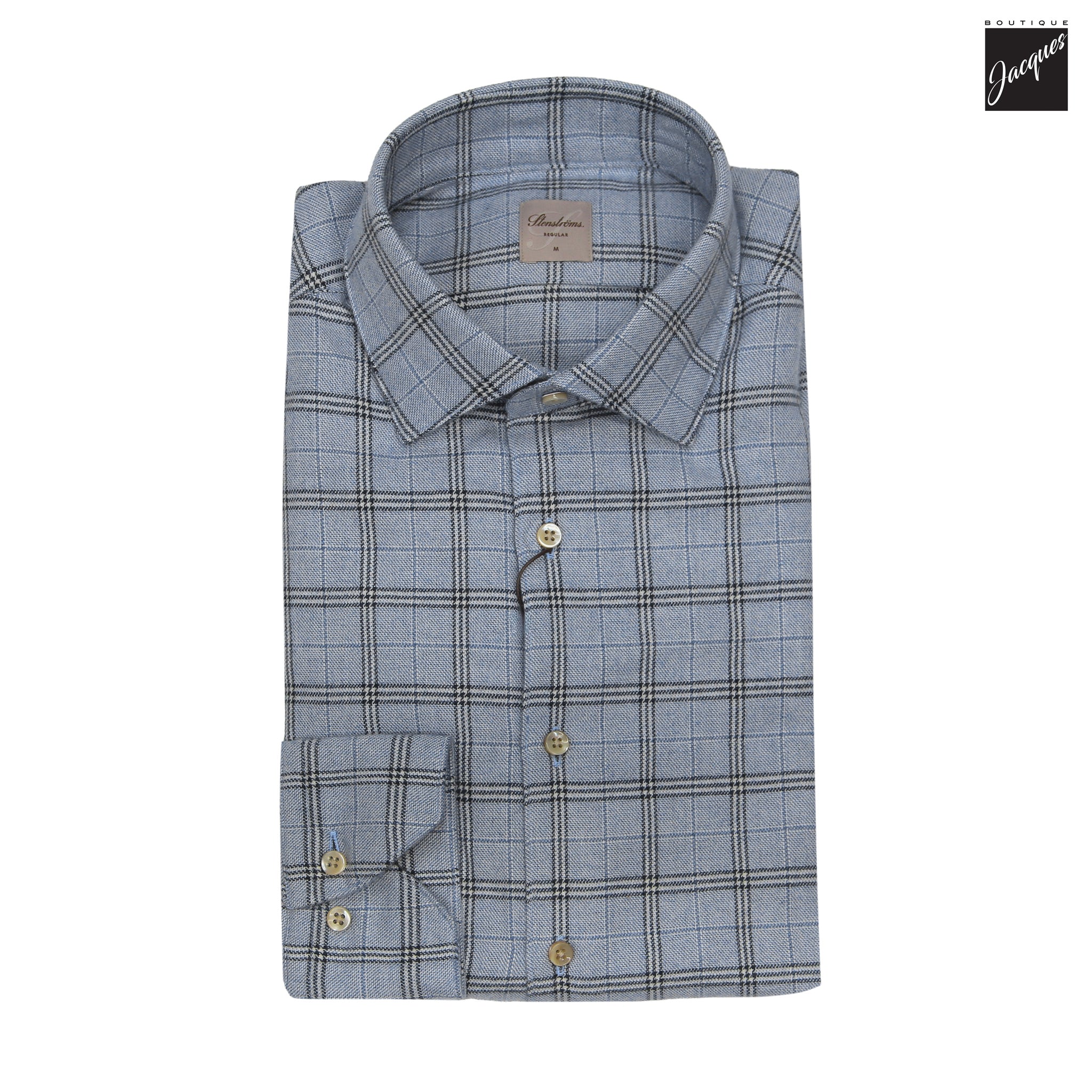 Light Blue Check Cotton Flannel Regular Fit Shirt - Stenströms