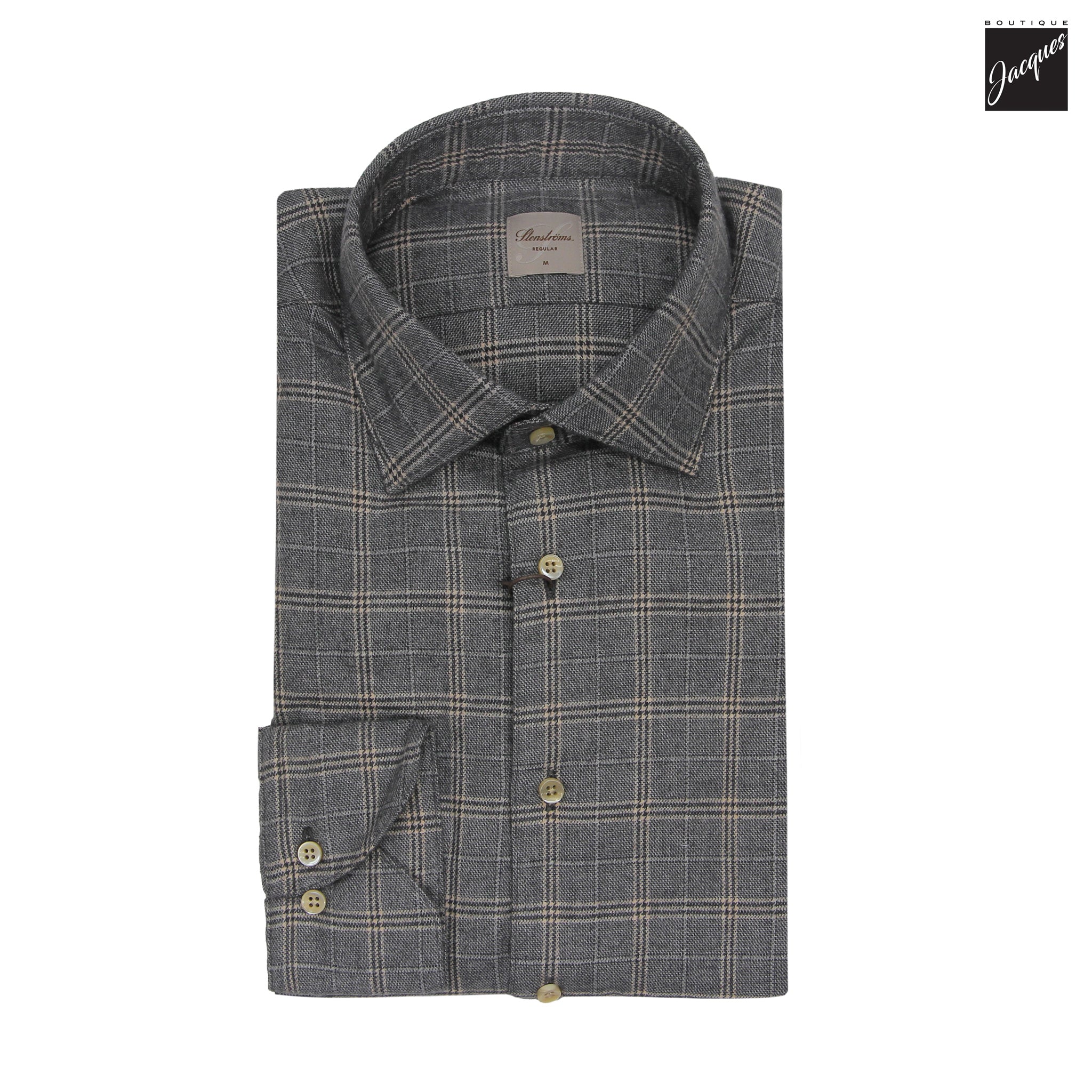 Dark Gray Check Cotton Flannel Regular Fit Shirt - Stenströms