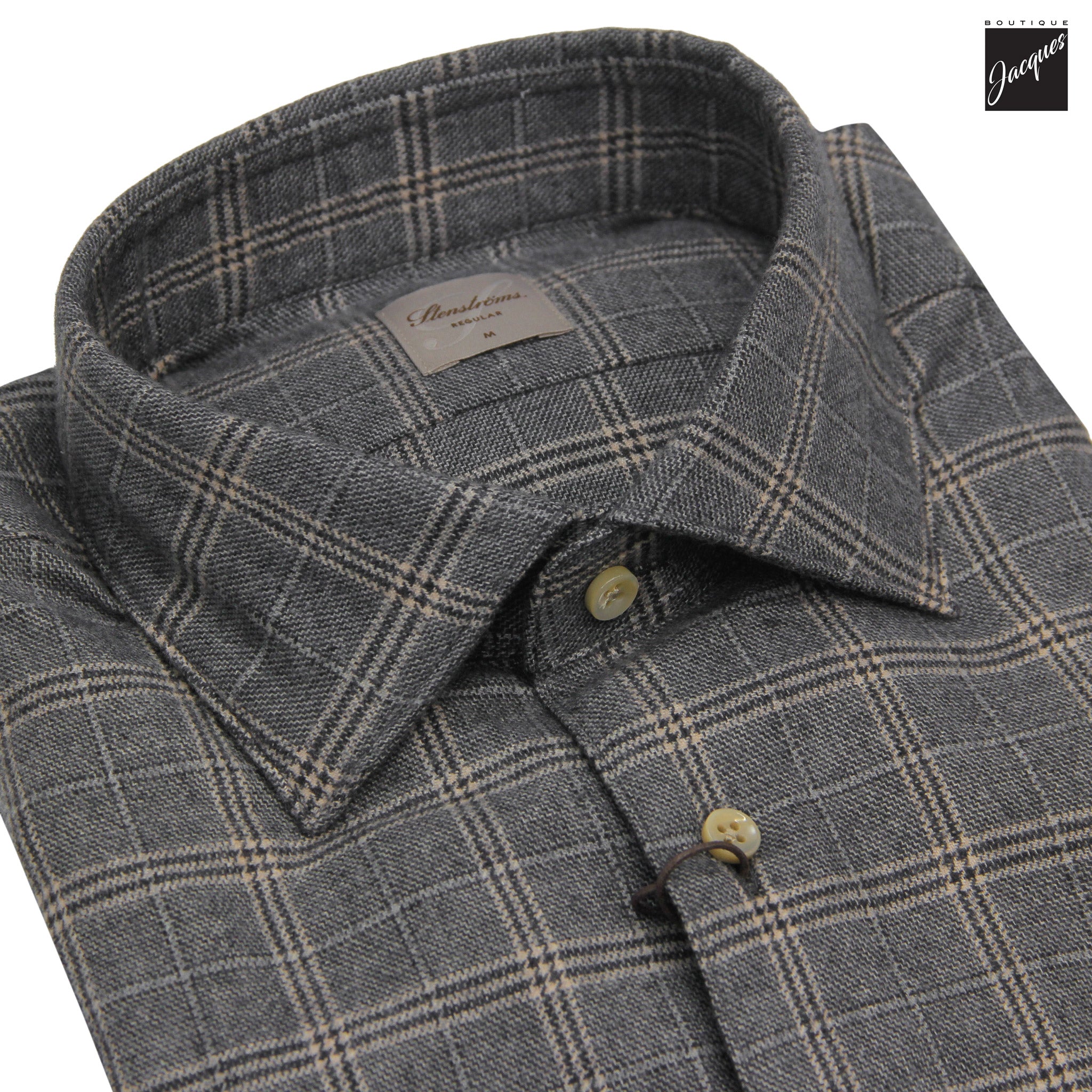 Dark Gray Check Cotton Flannel Regular Fit Shirt - Stenströms