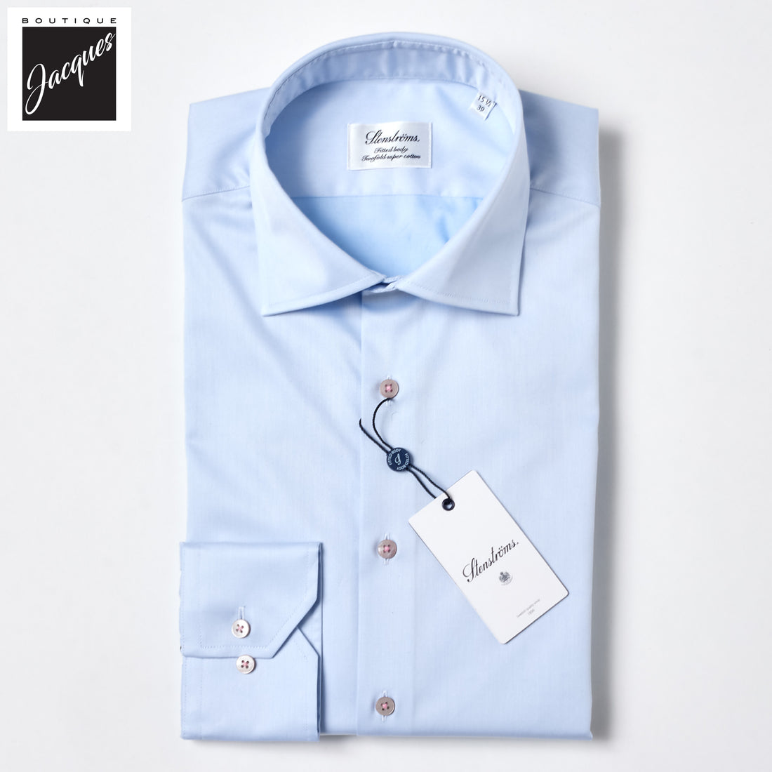 Light w/ Pink Button Blue Twill Fitted Body Shirt - Stenströms