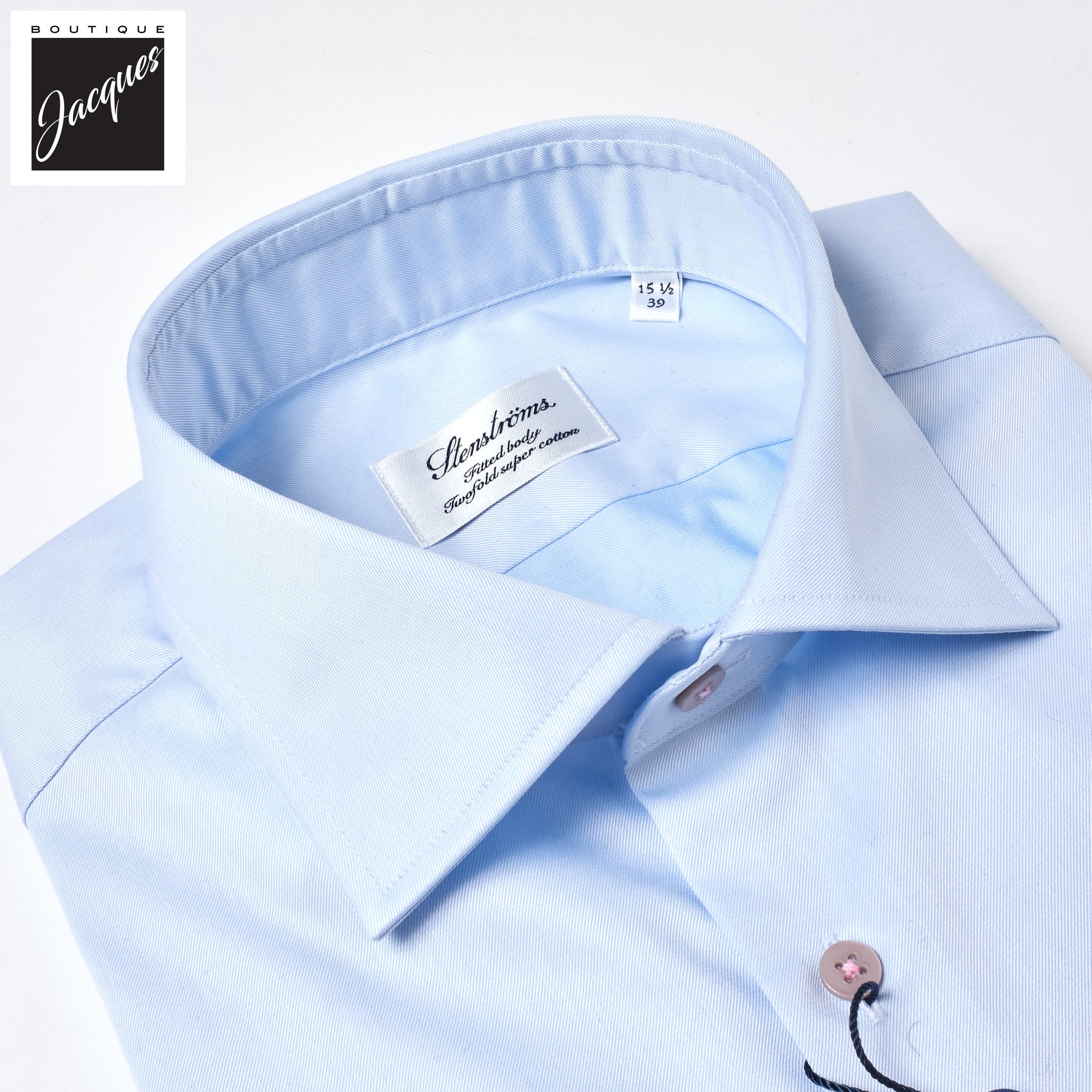Light w/ Pink Button Blue Twill Fitted Body Shirt - Stenströms