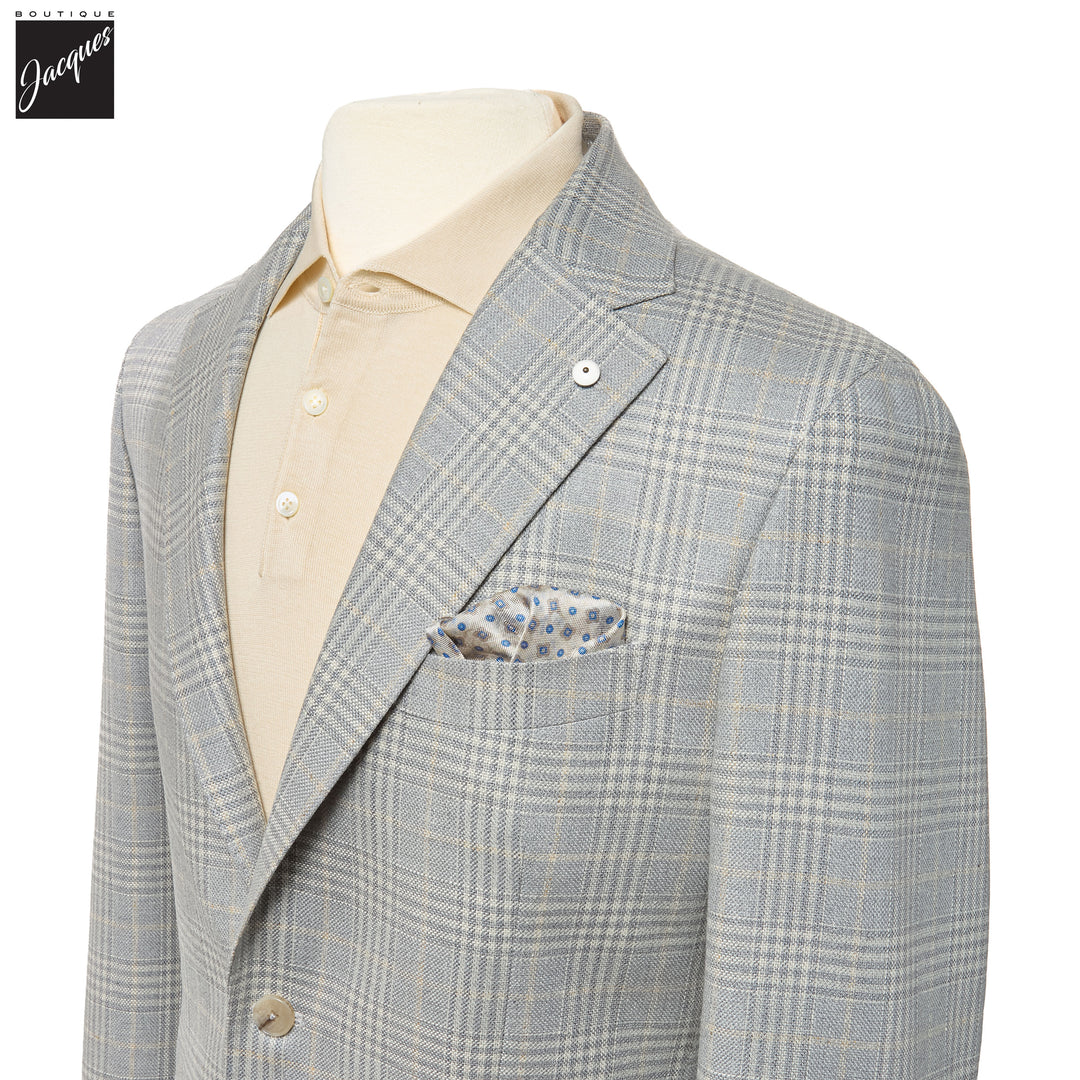 Pale Blue Prince-of-Wales Silk-Wool Jack Fit Unconstructed Sport Jacket - L.B.M. 1911 - Boutique Jacques International
