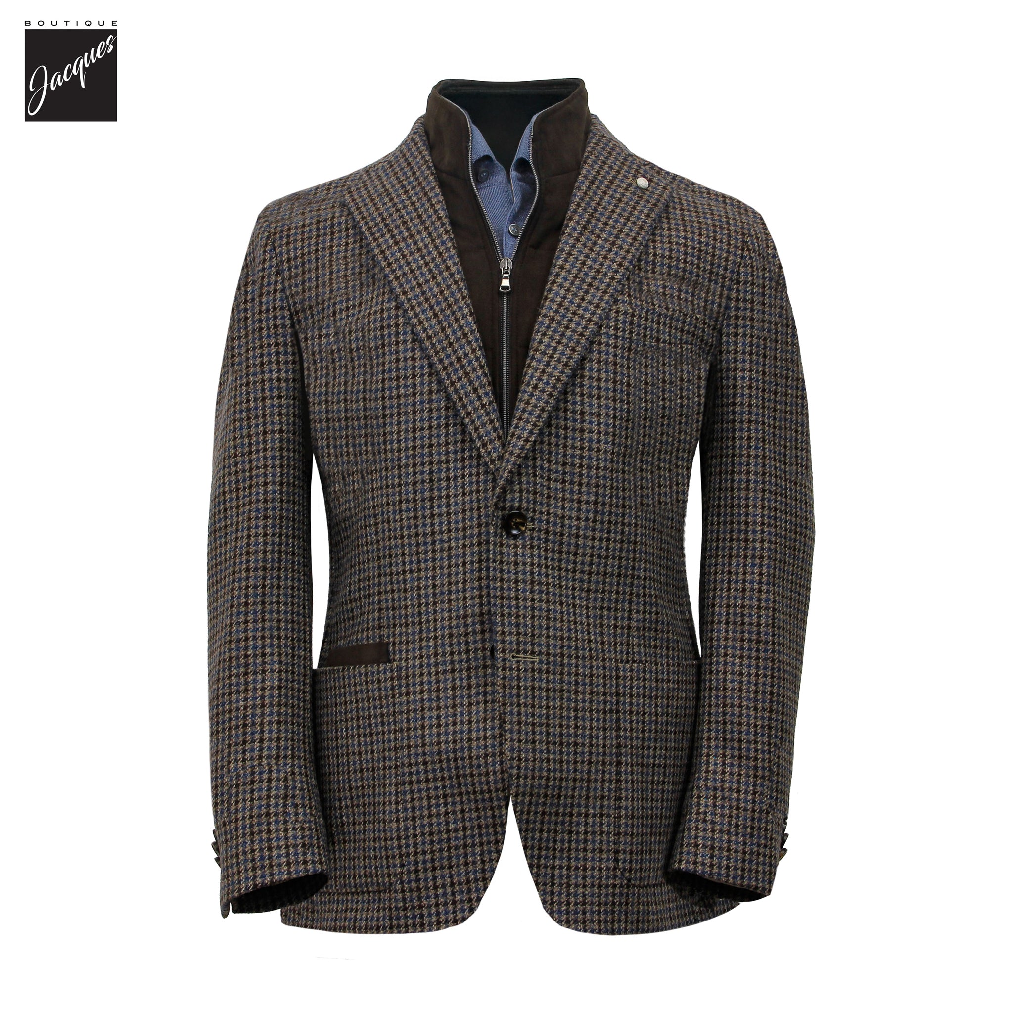 Veste sport hybride en laine et cachemire à carreaux bleus et gris avec plastron – Luigi Bianchi