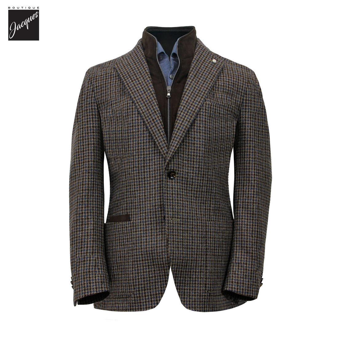 Veste sport hybride en laine et cachemire à carreaux bleus et gris avec plastron – Luigi Bianchi