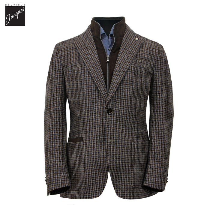 Brown & Blue Houndstooth Wool-Cashmere Hybrid Sport Jacket with Bib - Luigi Bianchi