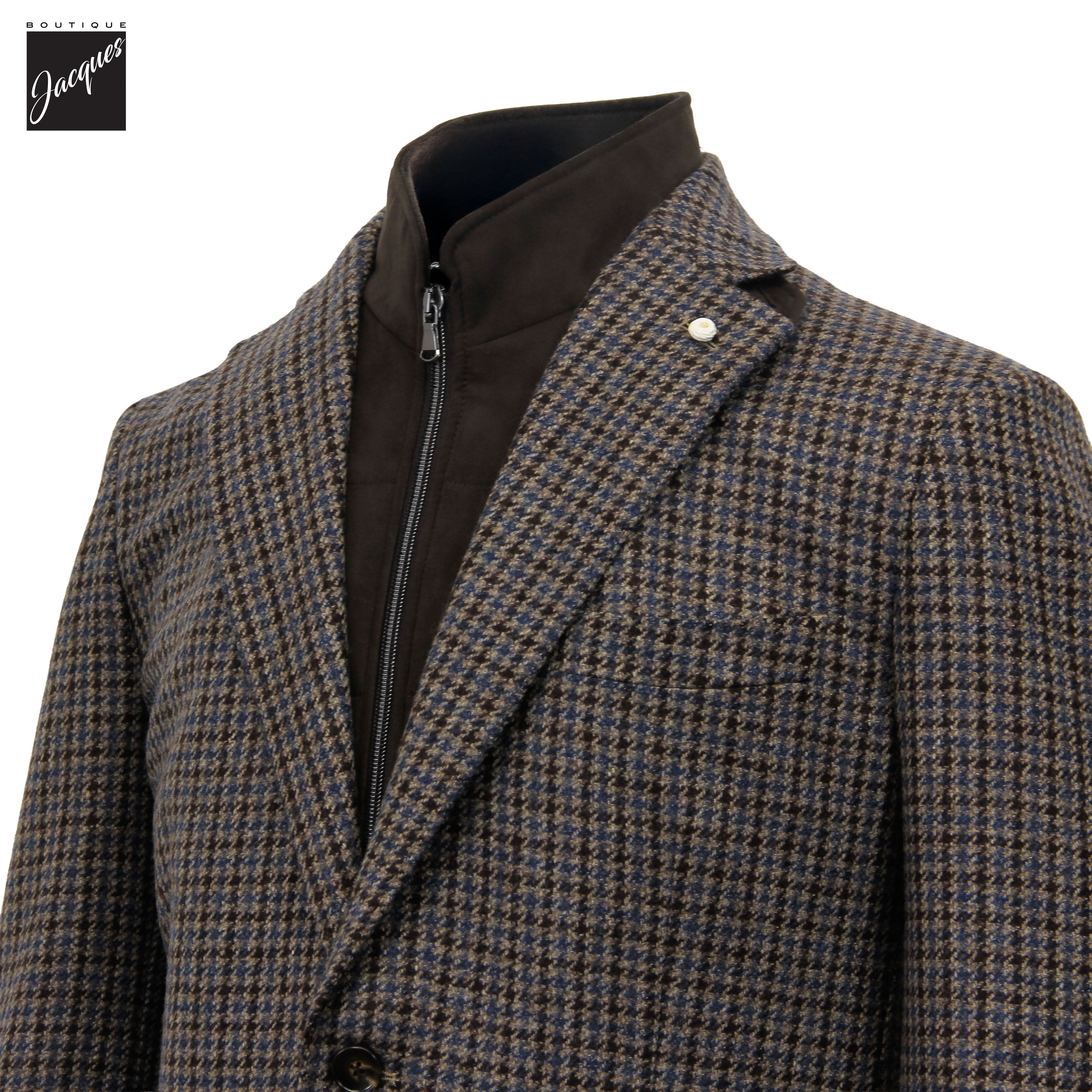 Veste sport hybride en laine et cachemire à carreaux bleus et gris avec plastron – Luigi Bianchi