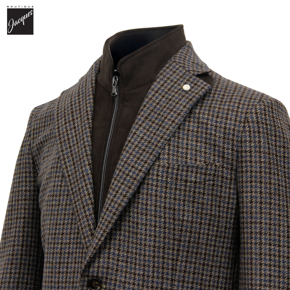 Veste sport hybride en laine et cachemire à carreaux bleus et gris avec plastron – Luigi Bianchi