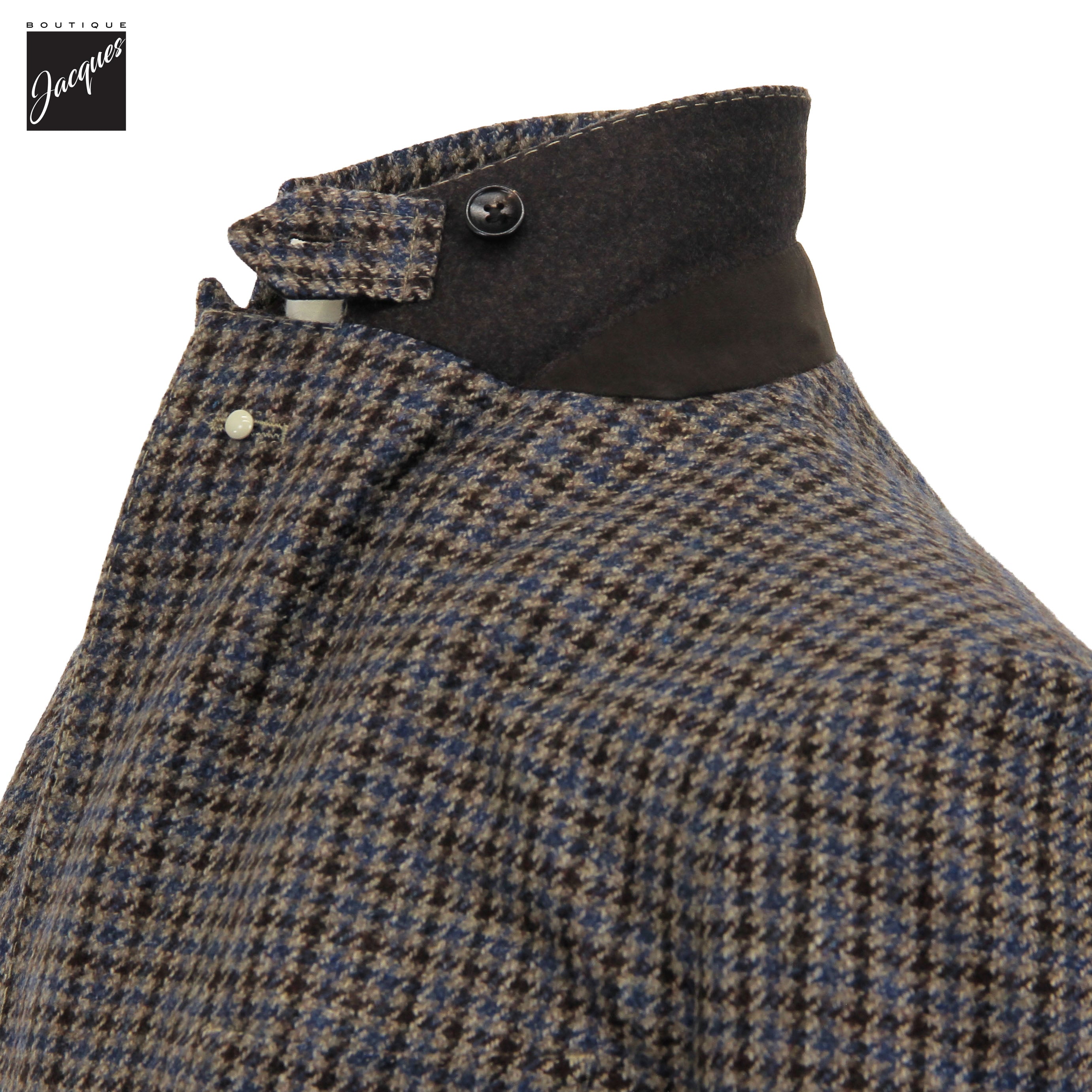 Veste sport hybride en laine et cachemire à carreaux bleus et gris avec plastron – Luigi Bianchi