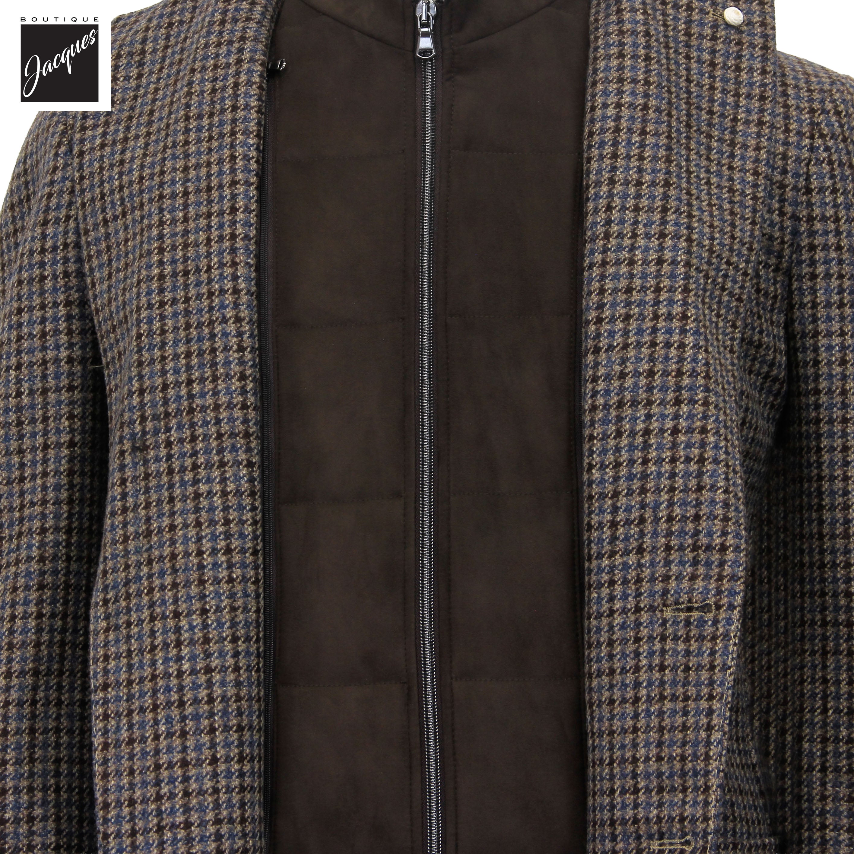 Veste sport hybride en laine et cachemire à carreaux bleus et gris avec plastron – Luigi Bianchi