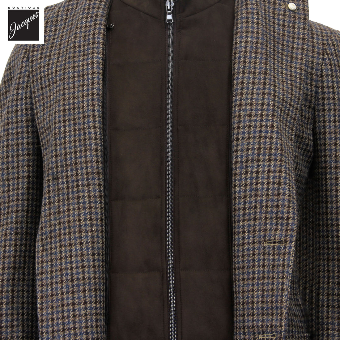 Veste sport hybride en laine et cachemire à carreaux bleus et gris avec plastron – Luigi Bianchi