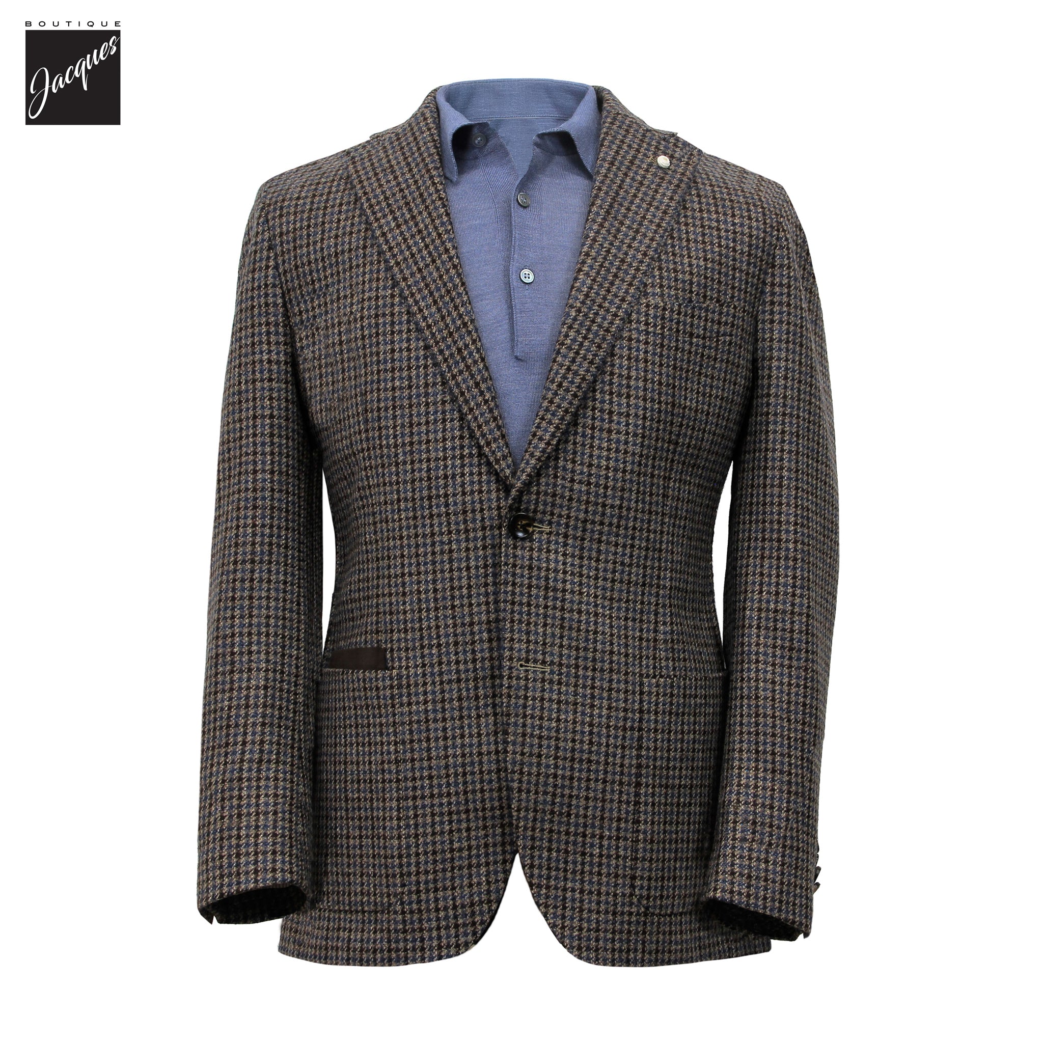 Veste sport hybride en laine et cachemire à carreaux bleus et gris avec plastron – Luigi Bianchi