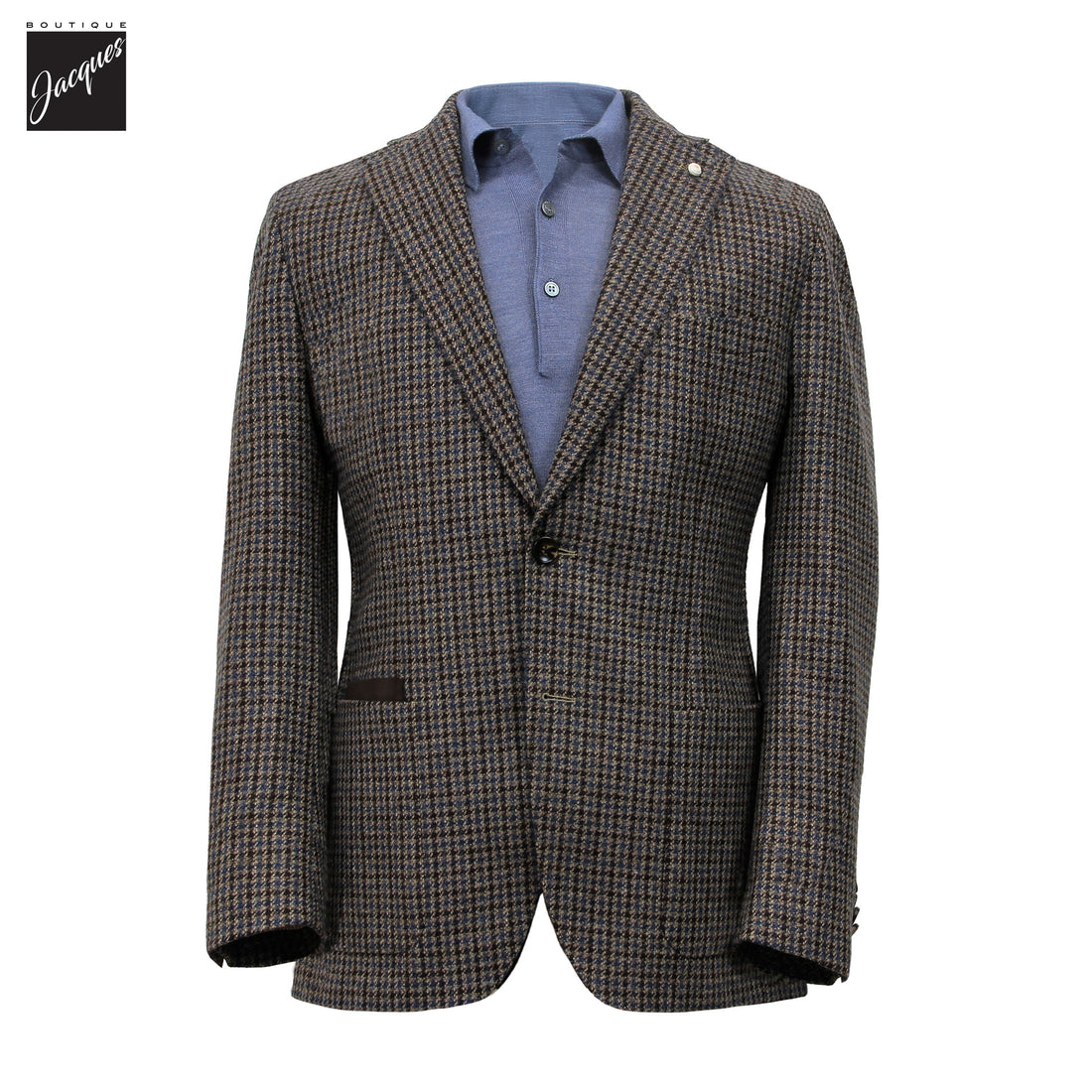 Veste sport hybride en laine et cachemire à carreaux bleus et gris avec plastron – Luigi Bianchi