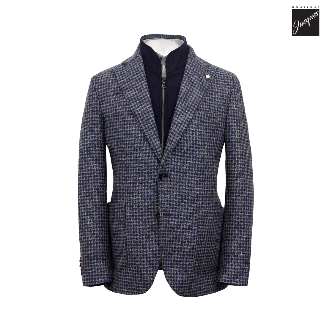 Blue & Gray Check Wool-Cashmere Hybrid Sport Jacket with Bib - Luigi Bianchi