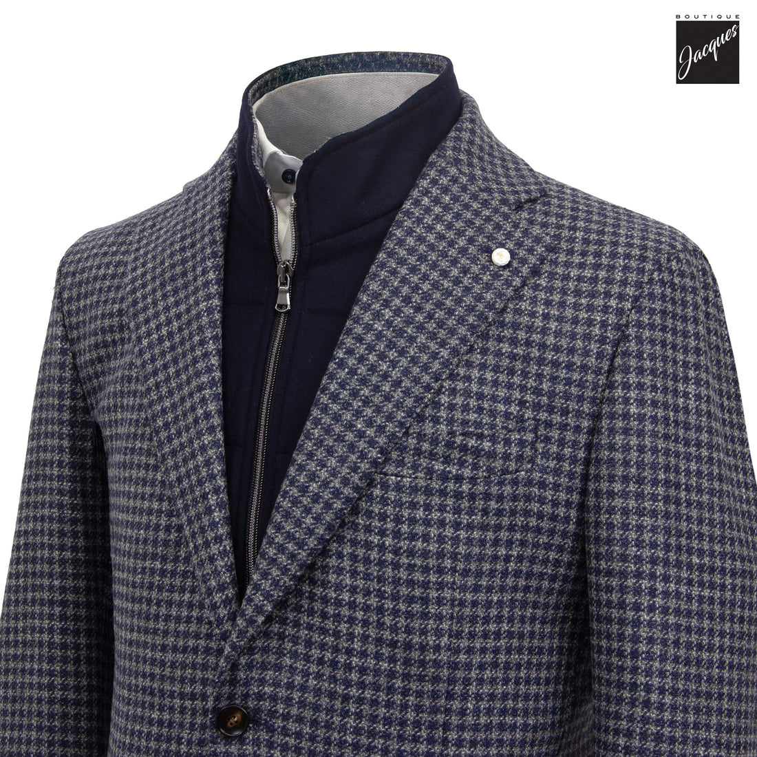 Blue & Gray Check Wool-Cashmere Hybrid Sport Jacket with Bib - Luigi Bianchi
