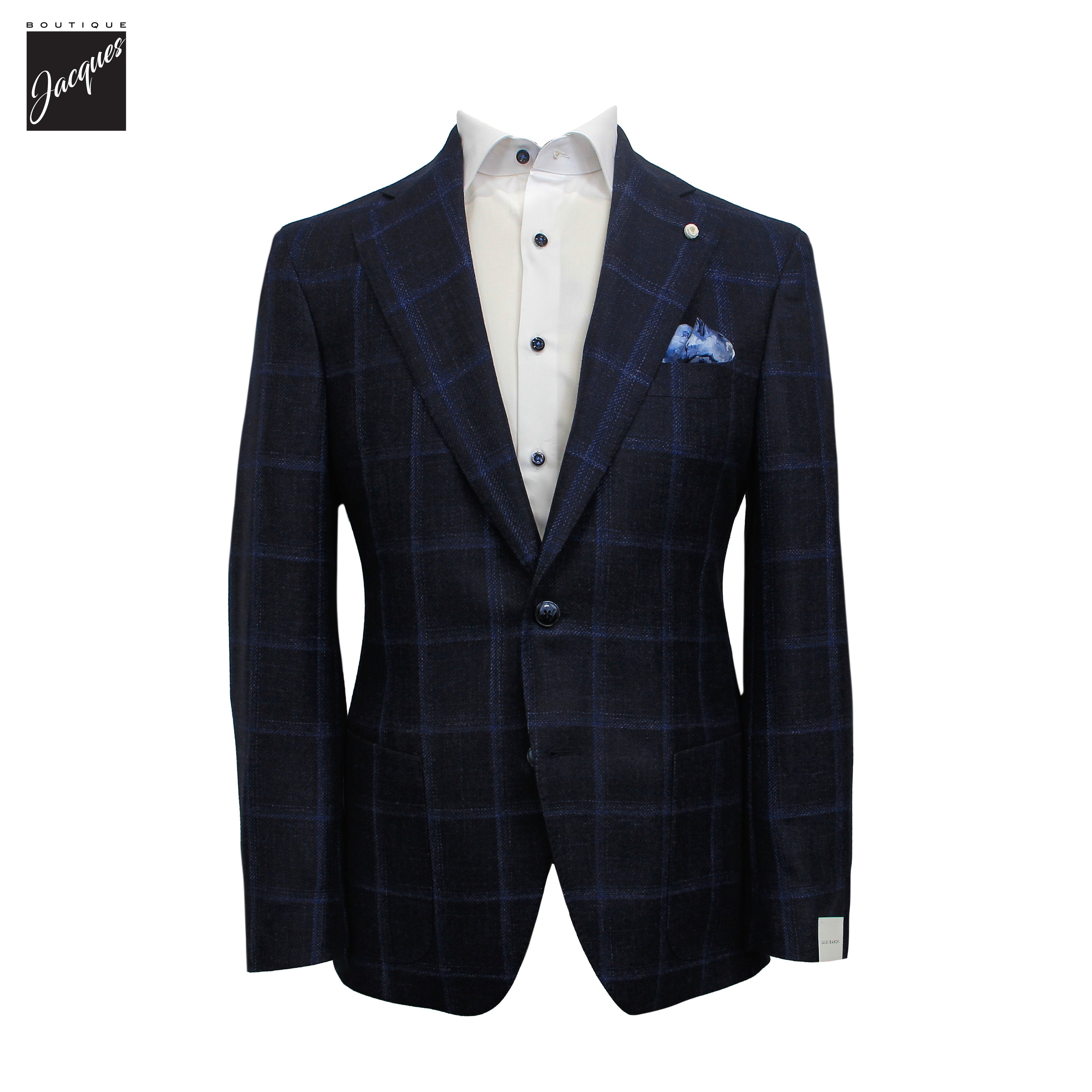 Veste sport souple en Laine/Soie/Lin motif fenêtre bleu marine Delfino - Luigi Bianchi