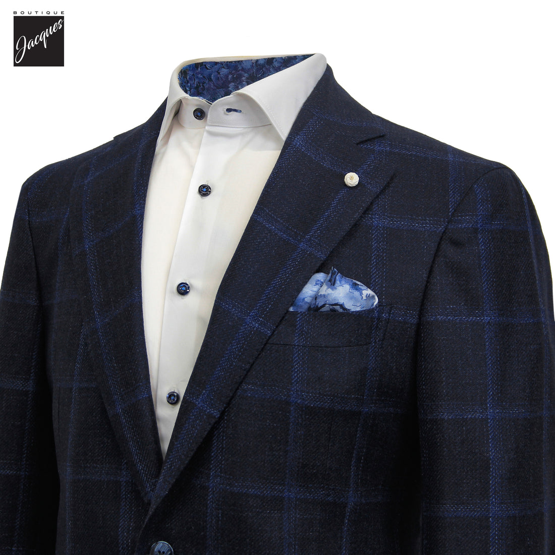 Veste sport souple en Laine/Soie/Lin motif fenêtre bleu marine Delfino - Luigi Bianchi