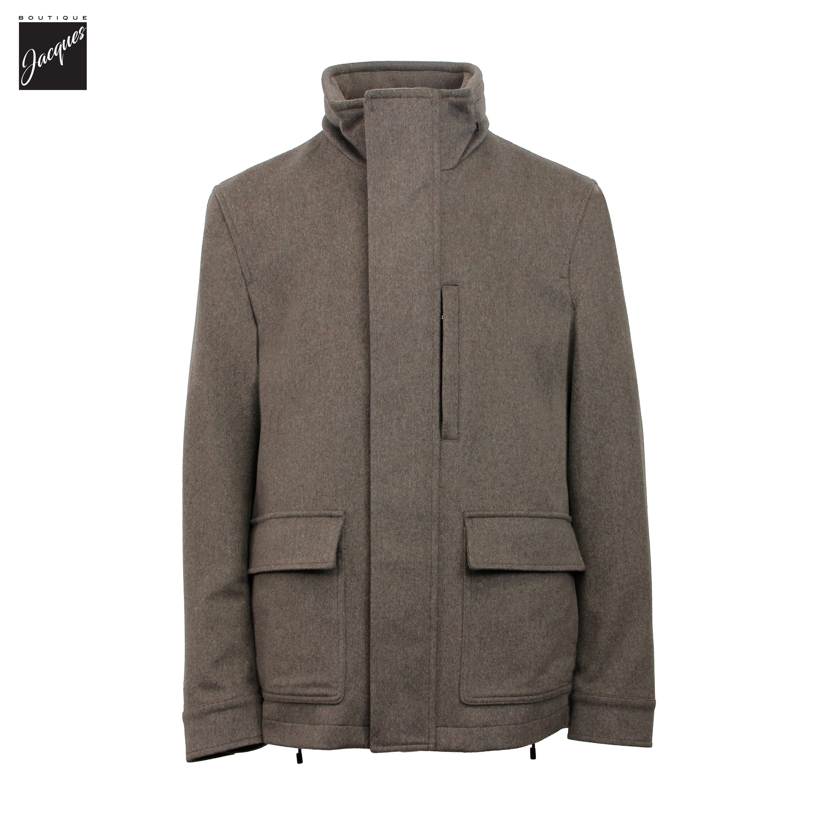 Manteau en laine Rain System™ taupe avec capuchon dissimulé - Luigi Bianchi