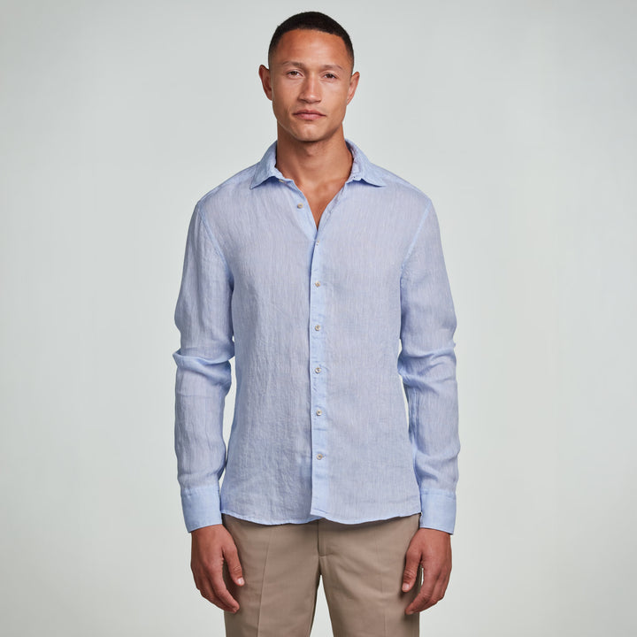 Light Blue Linen Fitted Body Casual Shirt - Stenströms - Boutique Jacques International