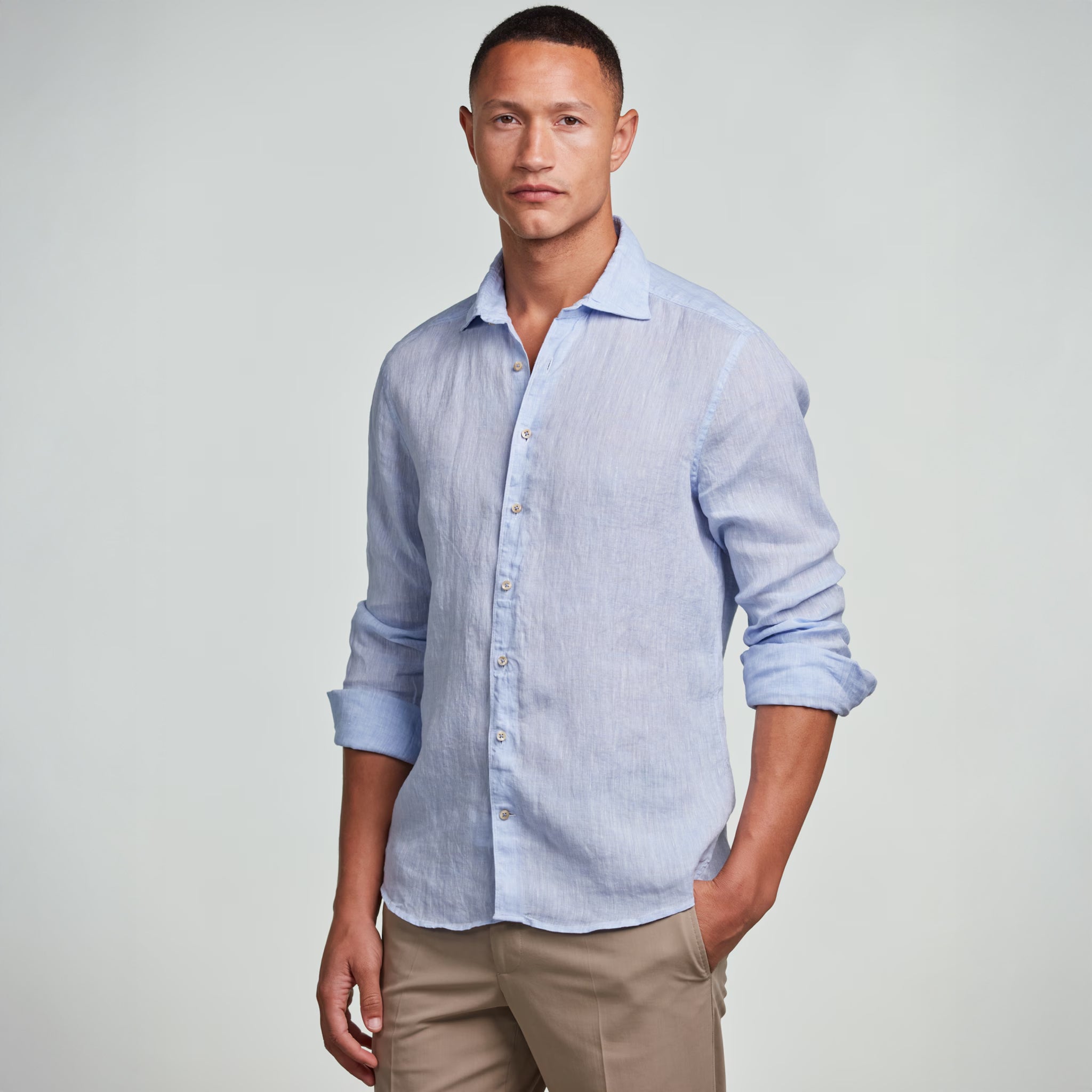 Light Blue Linen Fitted Body Casual Shirt - Stenströms - Boutique Jacques International