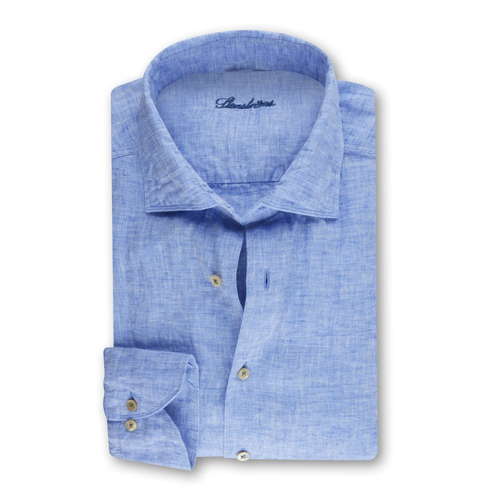 Blue Linen Fitted Body Casual Shirt - Stenströms - Boutique Jacques International