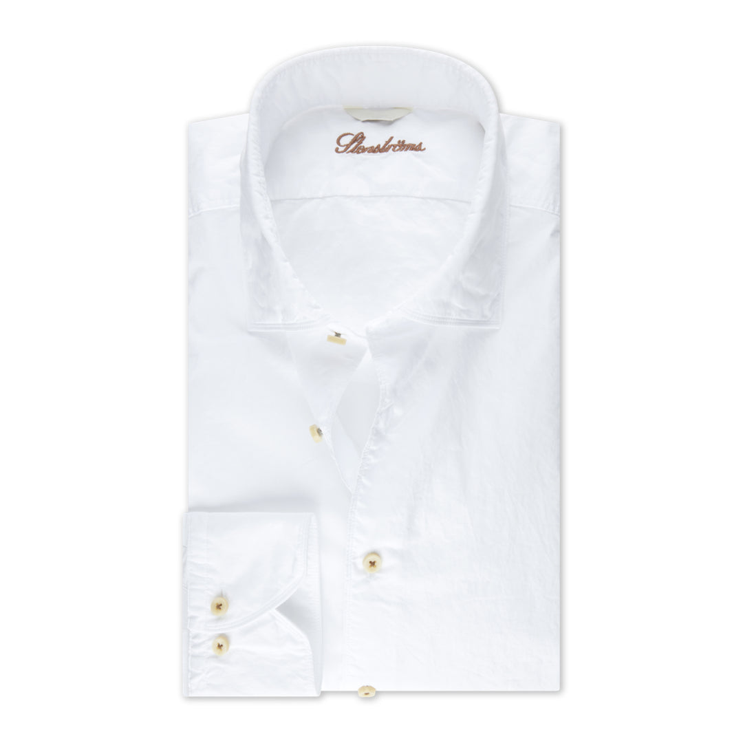 White Solid Cotton Poplin Fitted Body Casual Shirt - Stenströms