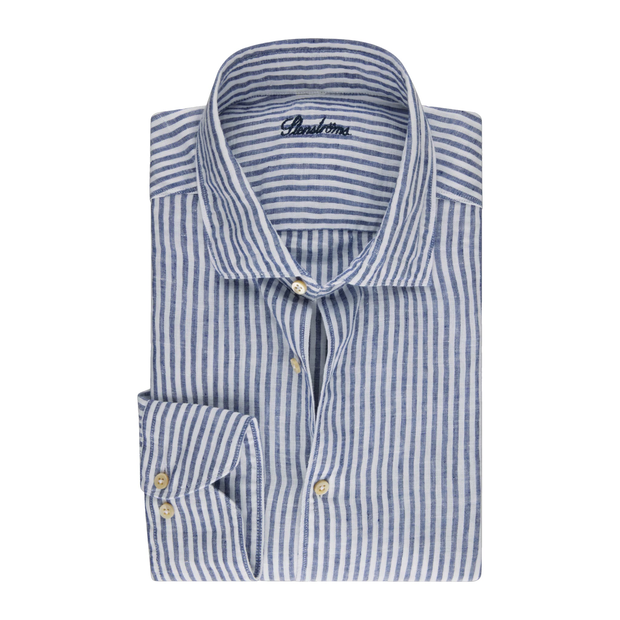 Navy Striped Linen Casual Fitted Body Shirt - Stenströms - Boutique Jacques International