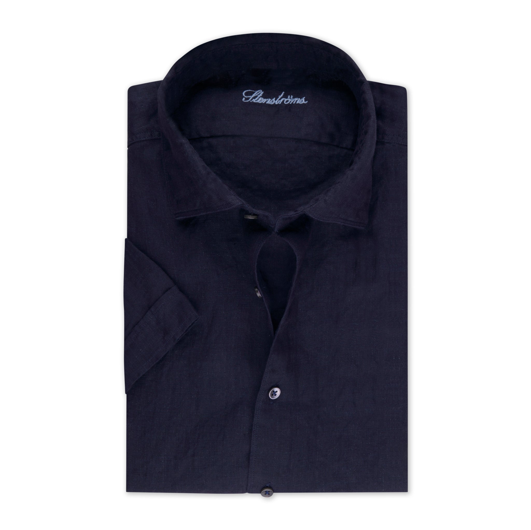 Dark Navy Linen Short Sleeves Fitted Body Shirt - Stenströms - Boutique Jacques International