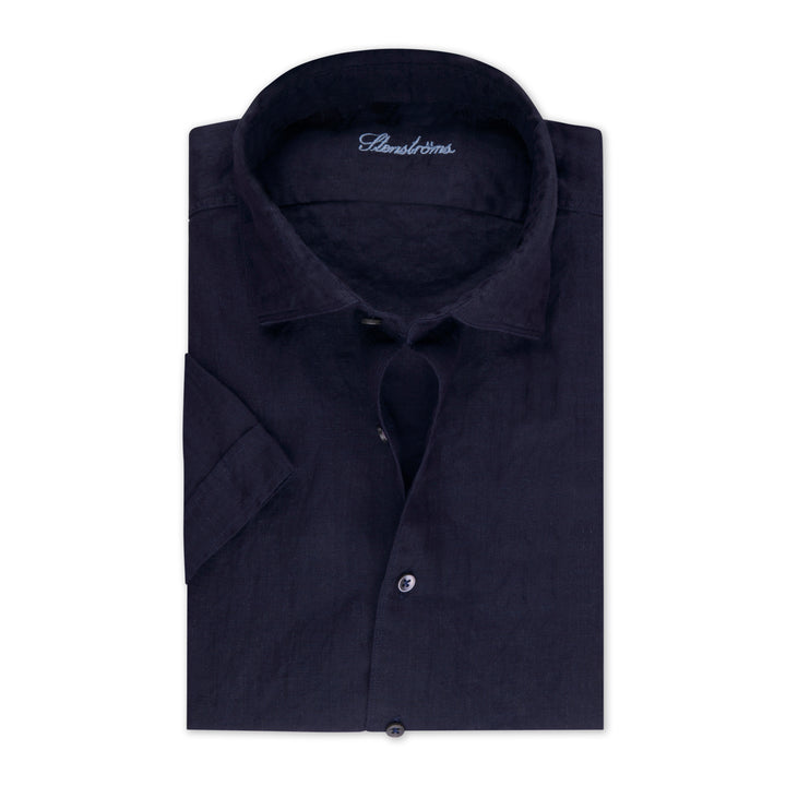 Dark Navy Linen Short Sleeves Fitted Body Shirt - Stenströms