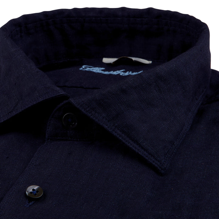 Dark Navy Linen Short Sleeves Fitted Body Shirt - Stenströms