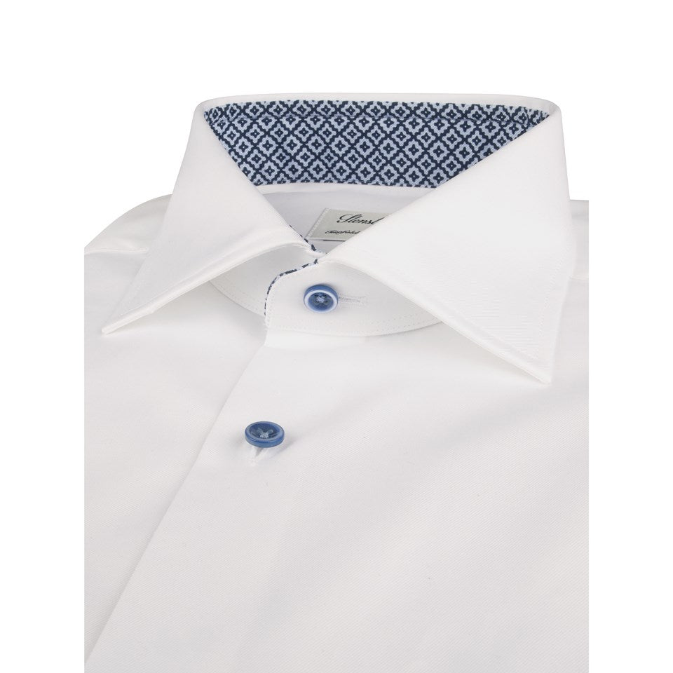 White Twill Fitted Body Blue Contrast Shirt w/ Extra Long Sleeves - Stenströms