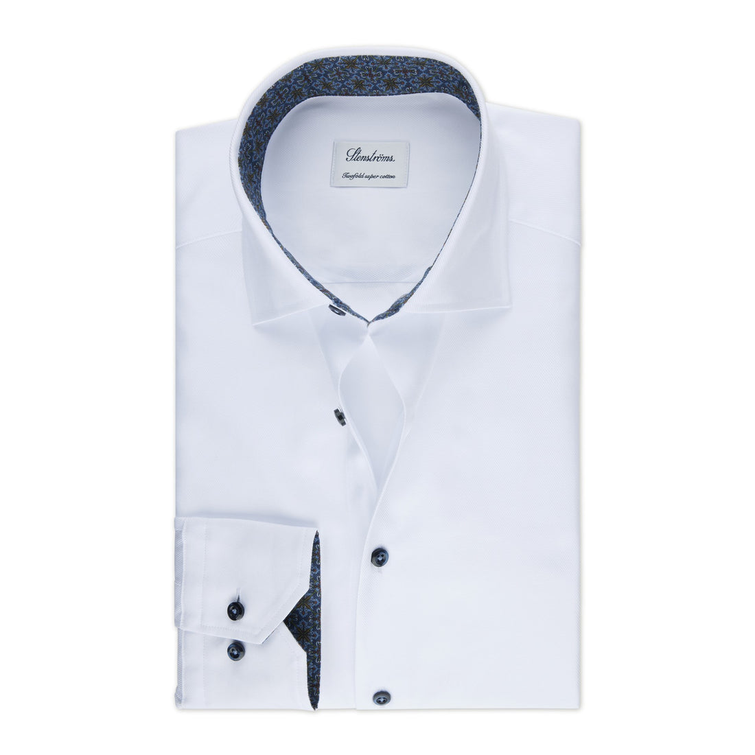 White w/ Blue Contrast Textured Twill Fitted Body Shirt - Stenströms