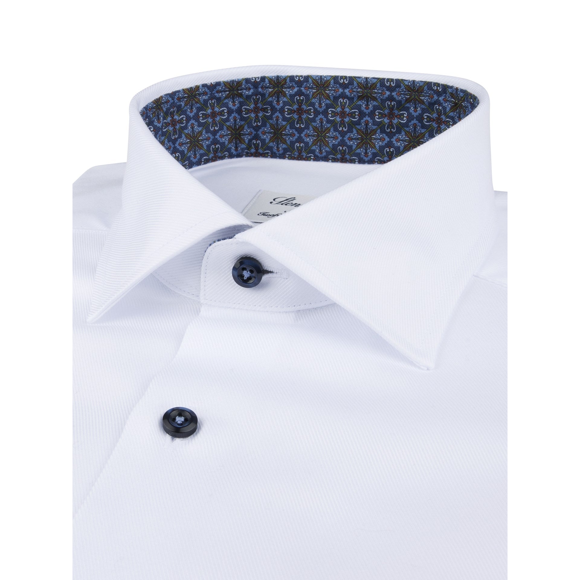 White w/ Blue Contrast Textured Twill Fitted Body Shirt - Stenströms