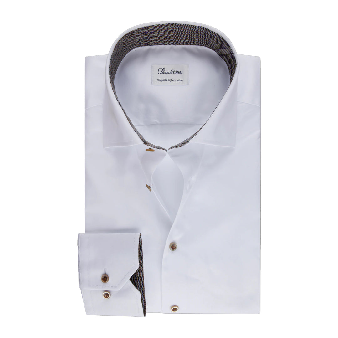 White with Brown Contrast Fitted Body Twill Shirt - Stenströms